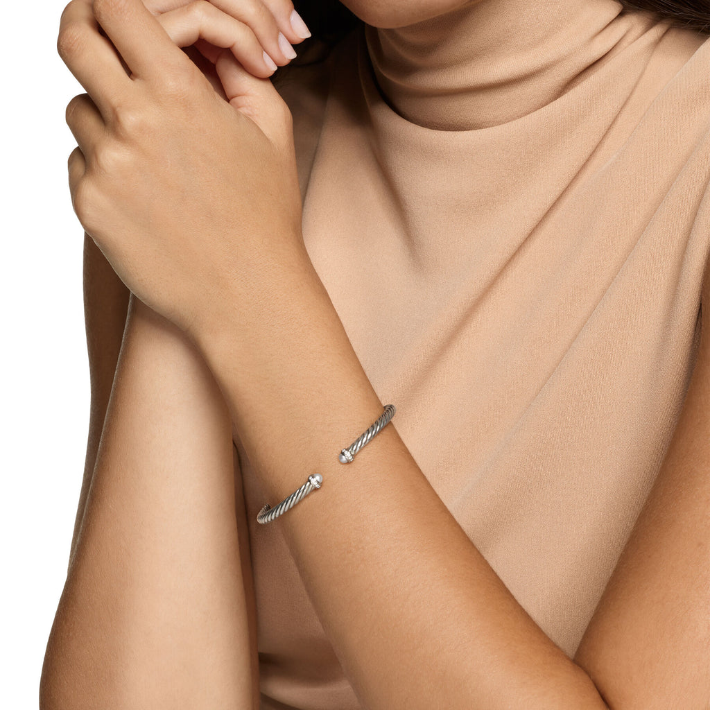 David Yurman Sterling Silver Cable Flex Pearl Bracelet with Diamonds