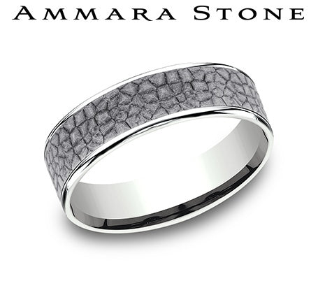 Ammara Stone White Gold and Grey Tantalum Comfort Fit Cobblestone Grey Center Thin Polished Edge Wedding Band
