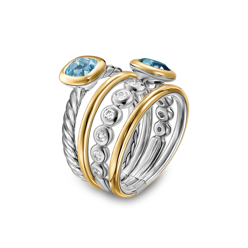 David Yurman Silver and Yellow Gold Mercer Blue Topaz Multi Row Ring