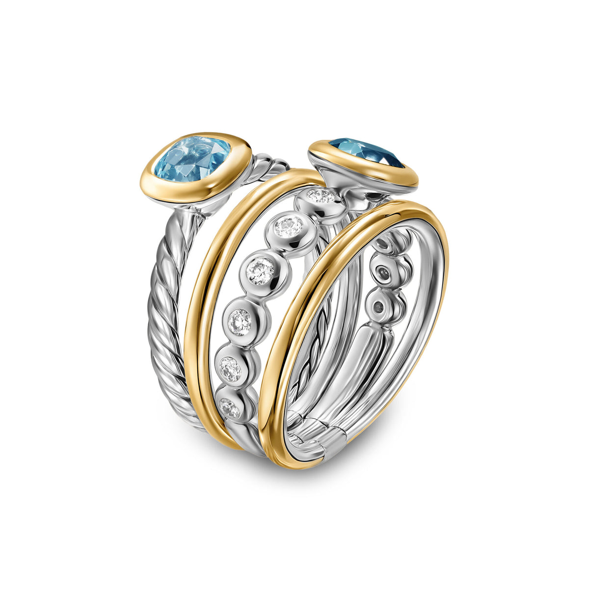 David Yurman Silver and Yellow Gold Mercer Blue Topaz Multi Row Ring