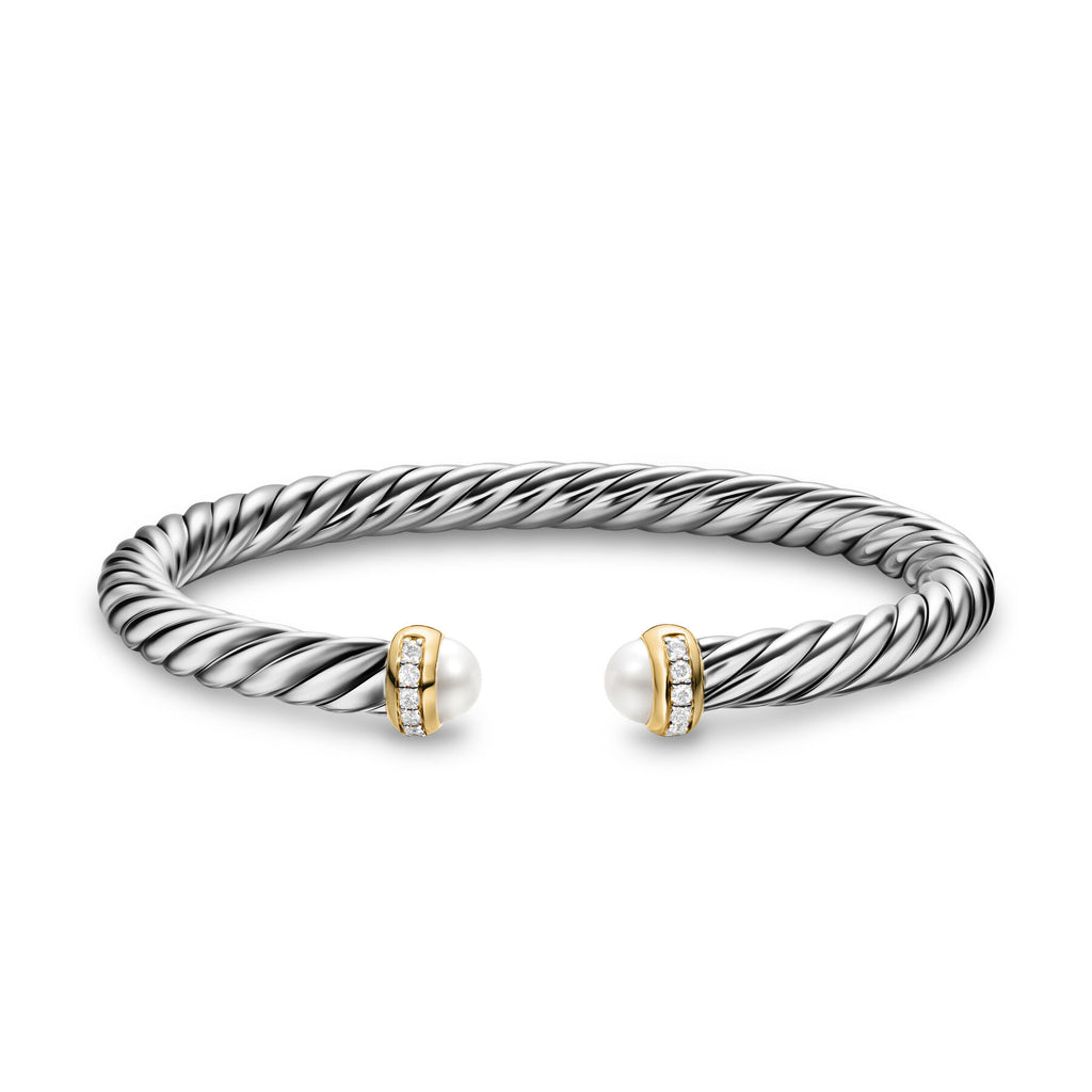 David Yurman Silver and Yellow Gold 6 mm Cable Flex Pearl and Diamond Bracelet