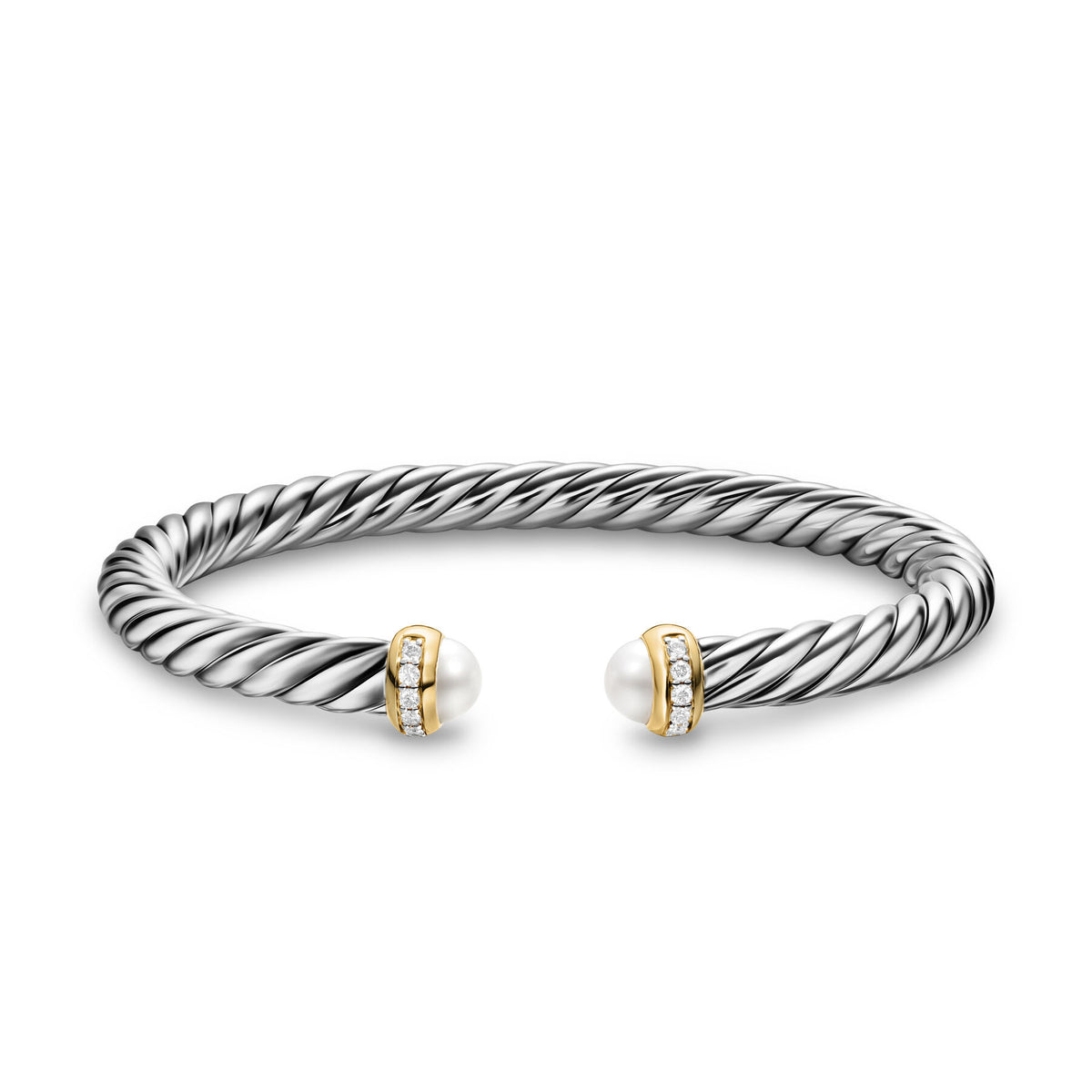 David Yurman Silver and Yellow Gold 6 mm Cable Flex Pearl and Diamond Bracelet