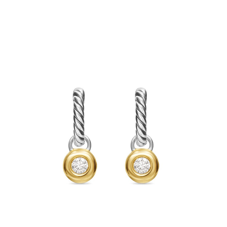 David Yurman Sterling Silver and Yellow Gold Petite Cable Huggie Drop Earrings with Diamonds