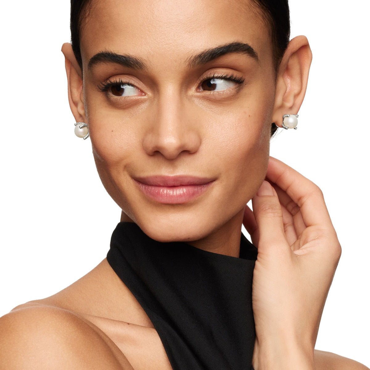 David Yurman Sterling Silver Cable Pearl Stud Earrings with Diamonds