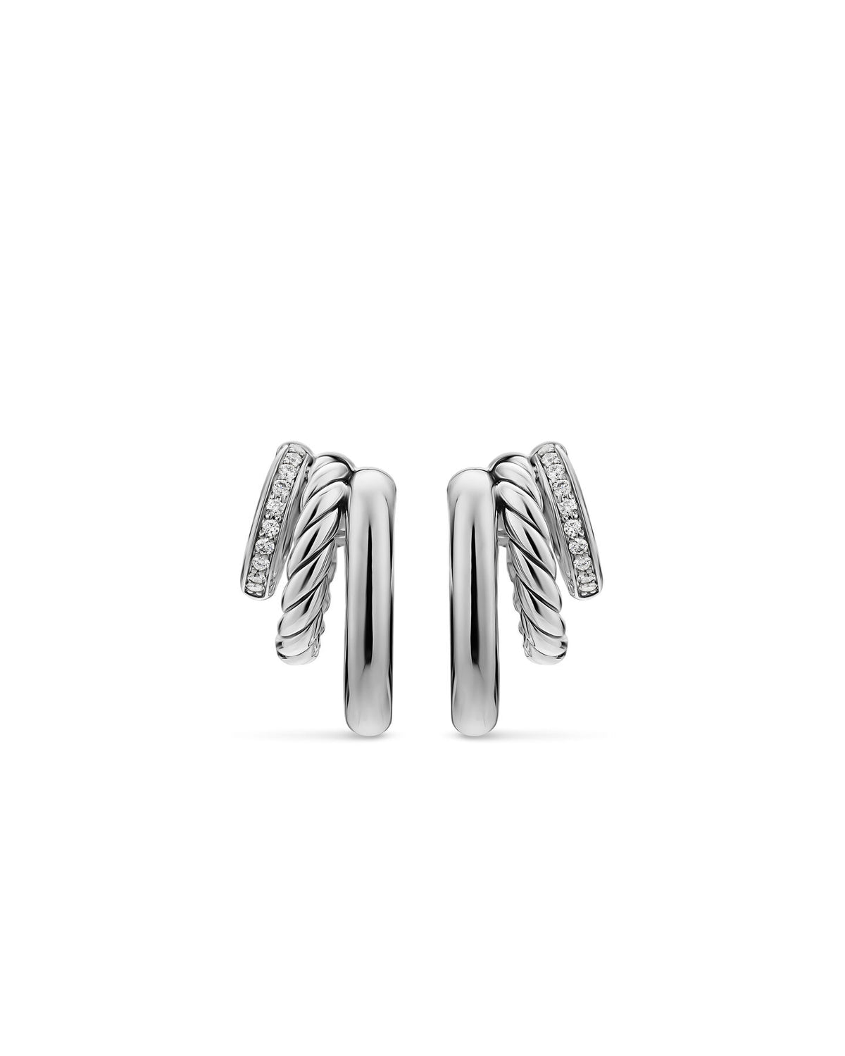 David Yurman Silver Mercer Multi Row Diamond Hoop Earrings