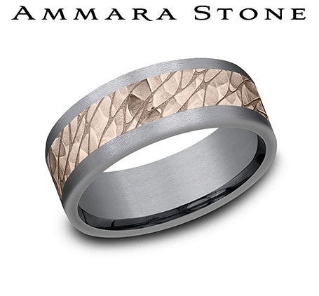 Ammara Stone Rose Gold and Grey Tantalum Comfort Fit Pebble Hammer Center Grey Straight Edge Wedding Band