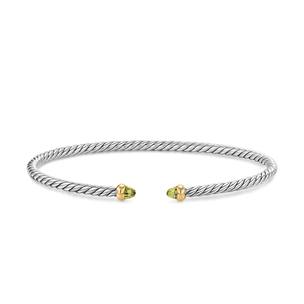 David Yurman Silver and Yellow Gold Micro Cable Flex Peridot Bracelet