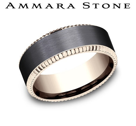 Ammara Stone Rose Gold and Black Titanium Coin Bevel Edge Satin Center Wedding Band