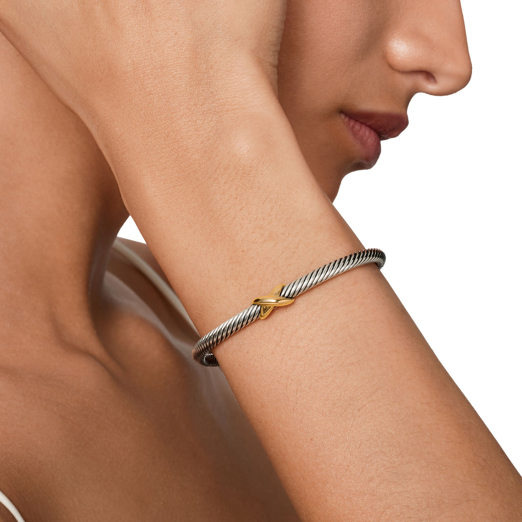 David Yurman Sterling Silver and Yellow Gold Classic Cable X Station Bracelet