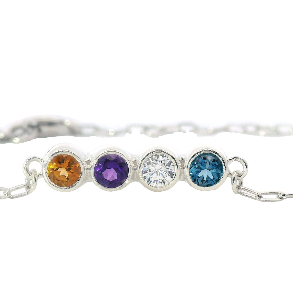 Sterling Silver Bar Bracelet with Citrine, Blue Topaz, Amethyst and Cubic Zirconia
