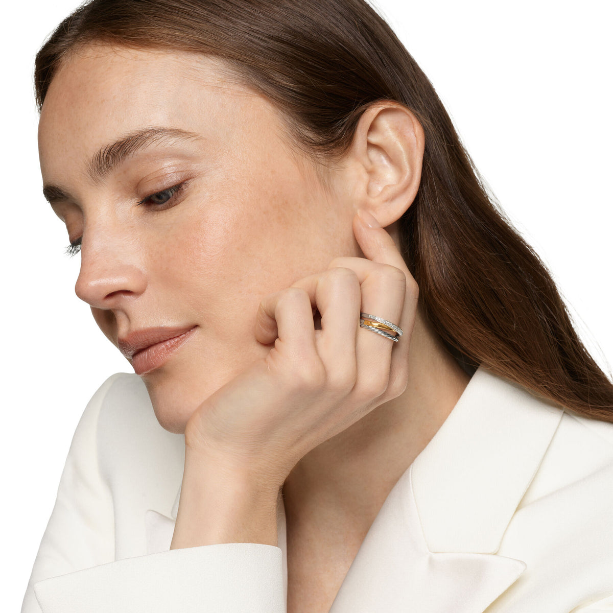 David Yurman Sterling Silver and Yellow Gold Crossover Three Row Ring