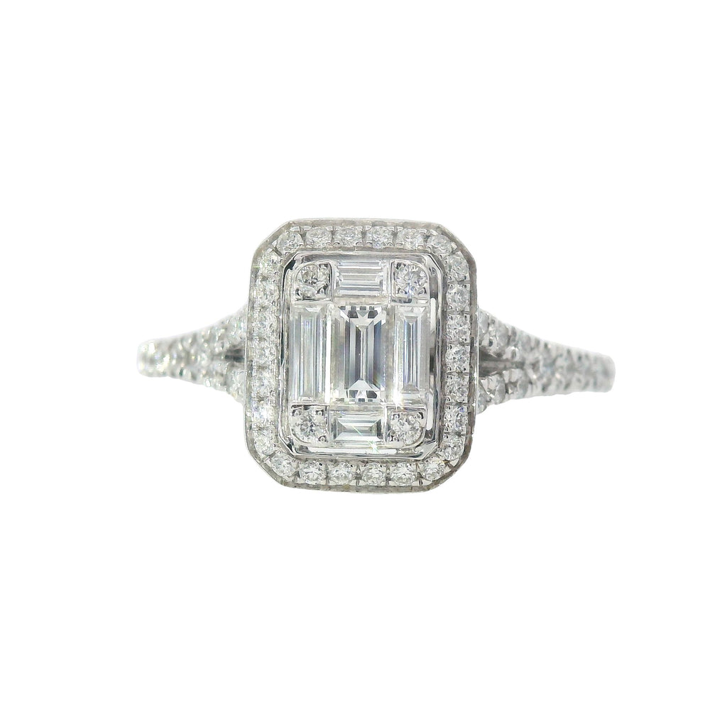 Simon G White Gold Round and Baguette Mosaic Diamond Engagement Ring