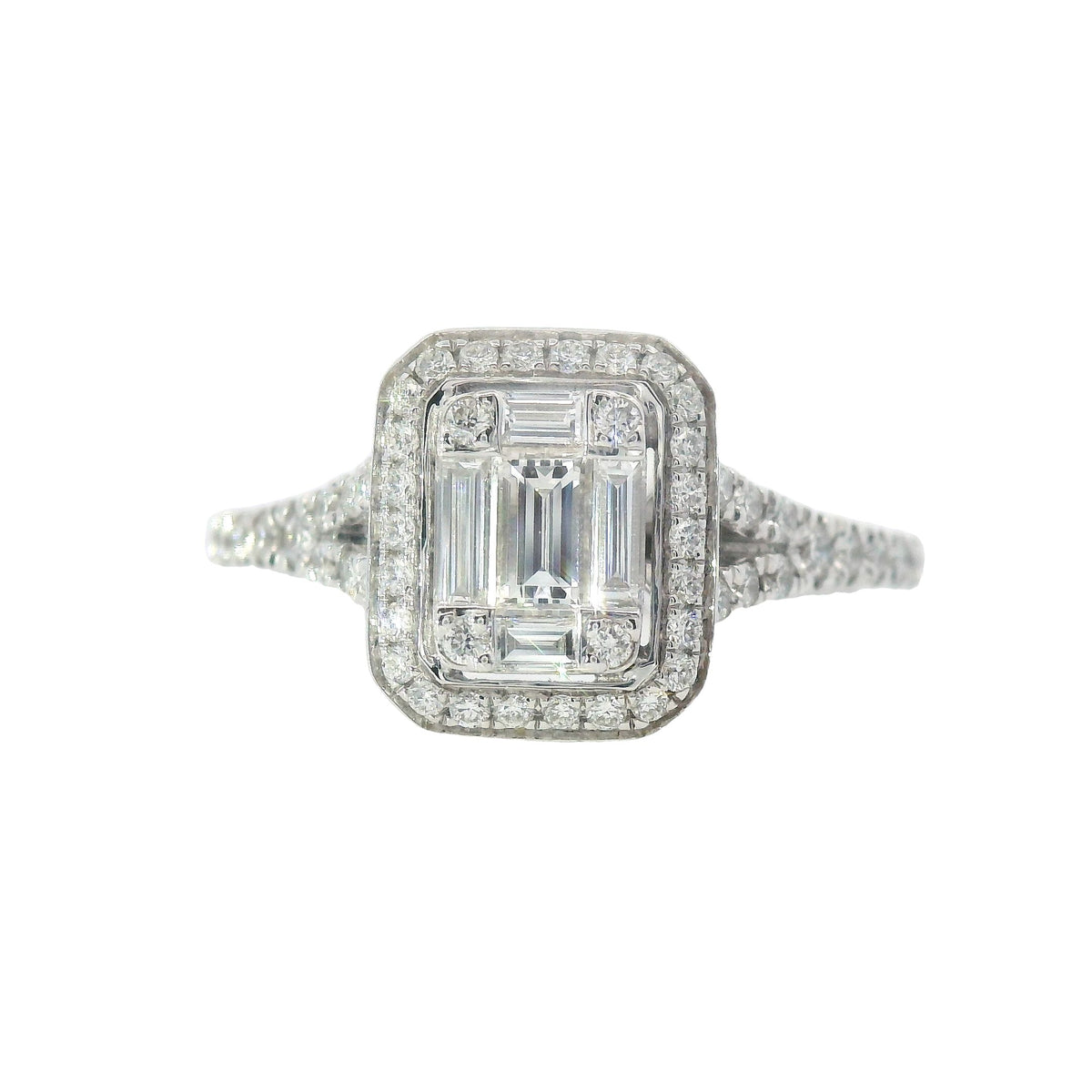Simon G White Gold Round and Baguette Mosaic Diamond Engagement Ring