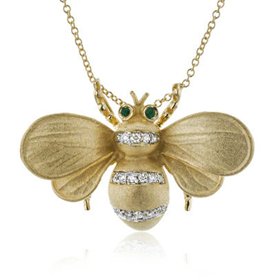 Simon G Yellow Gold Emerald and Diamond Bee Pendant Necklace