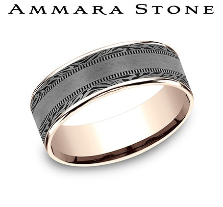 Ammara Stone Rose Gold and Grey Tantalum Comfort Fit Faux Mokume Milgrain Thin Polished Edge Wedding Band