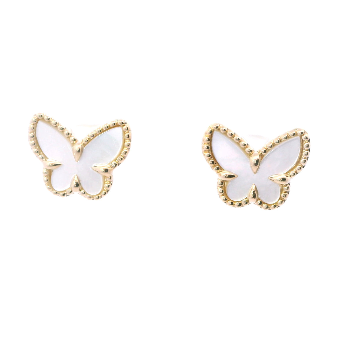 Yellow Gold Butterfly Bead Border Mother of Pearl Stud Earrings