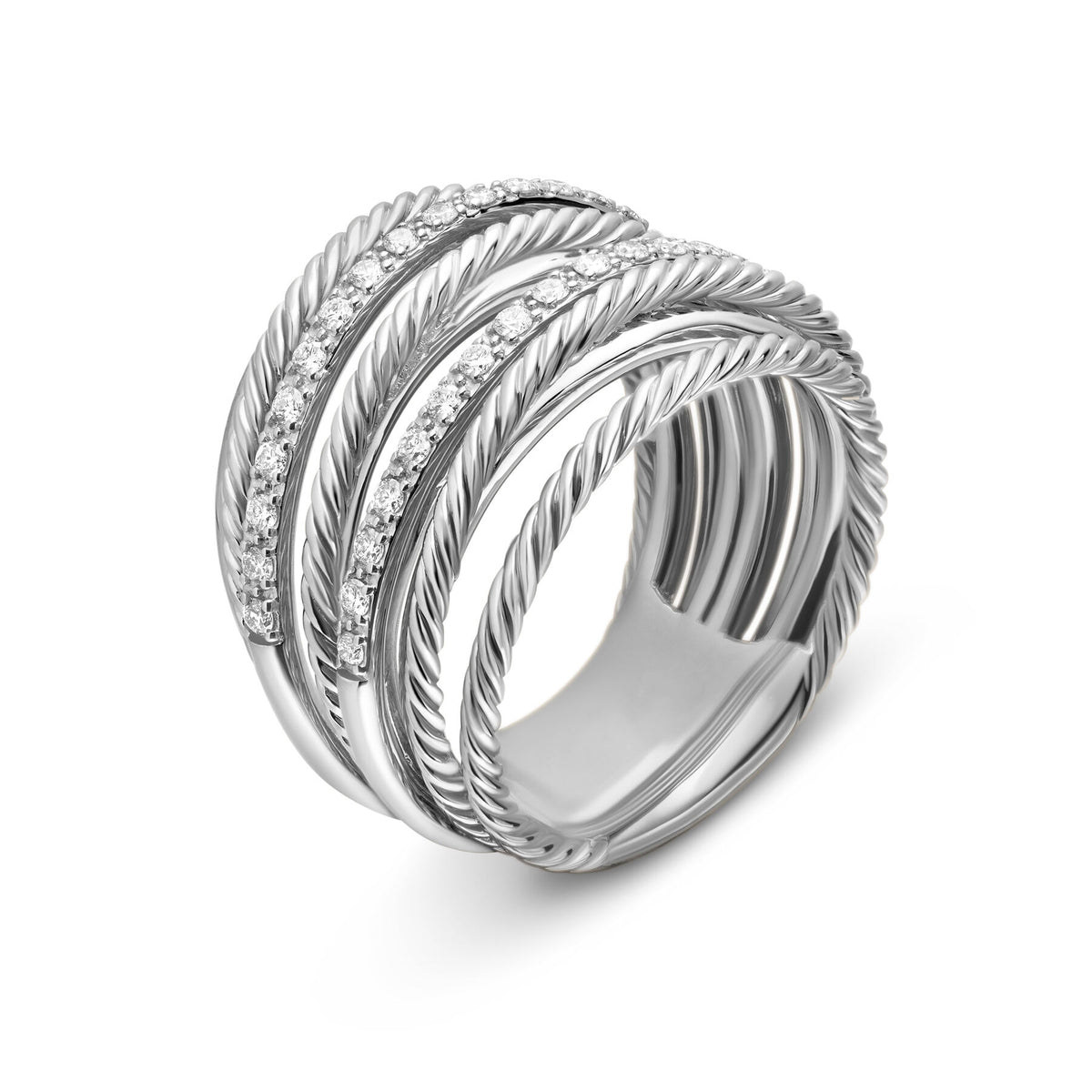David Yurman Sterling Silver Crossover Wide Ring with Diamonds