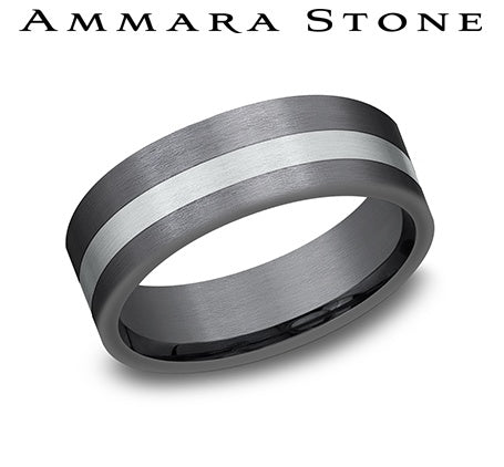 Ammara Stone White Gold and Grey Tantalum Brushed Wedding Band