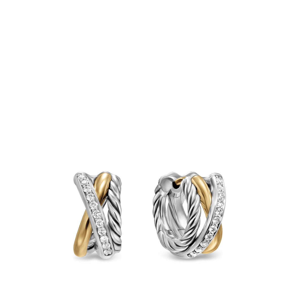 David Yurman Sterling Silver and Yellow Gold Crossover 3-Row Huggie Earrings with Diamonds