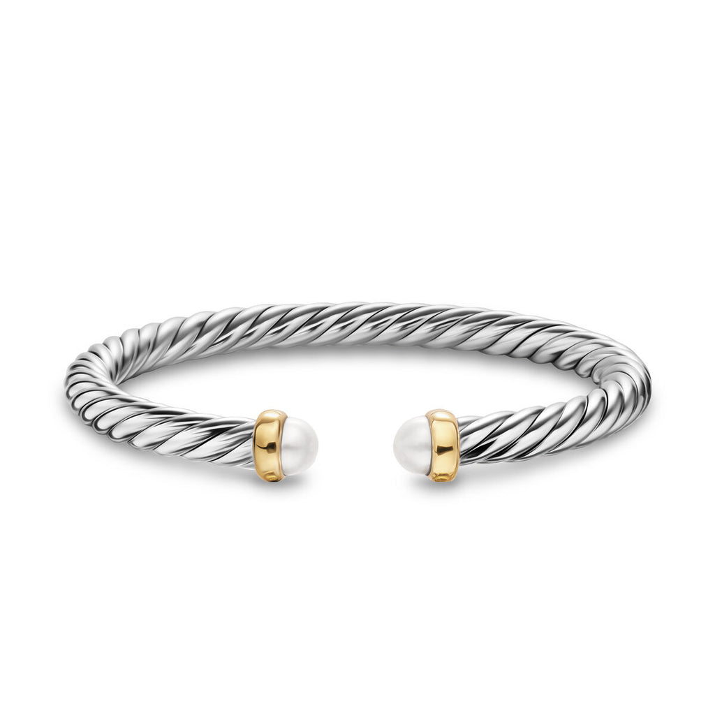 David Yurman Sterling Silver and Yellow Gold Cable Flex Pearl Bracelet