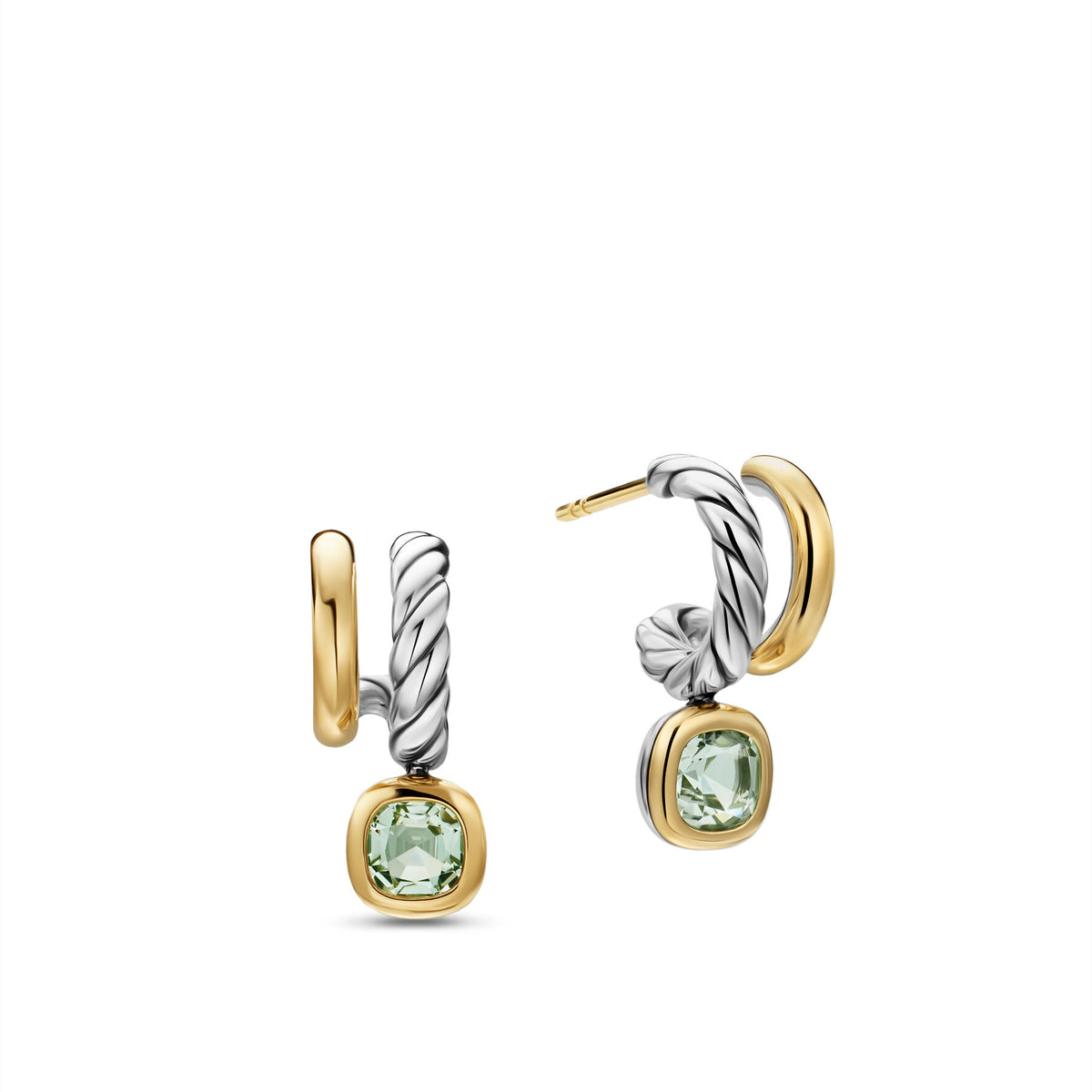 David Yurman Sterling Silver and Yellow Gold Mercer Two Row Drop Prasiolite Stud Earrings