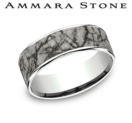 Ammara Stone White Gold and Gray Tantalum Marble Design Center Wedding Band