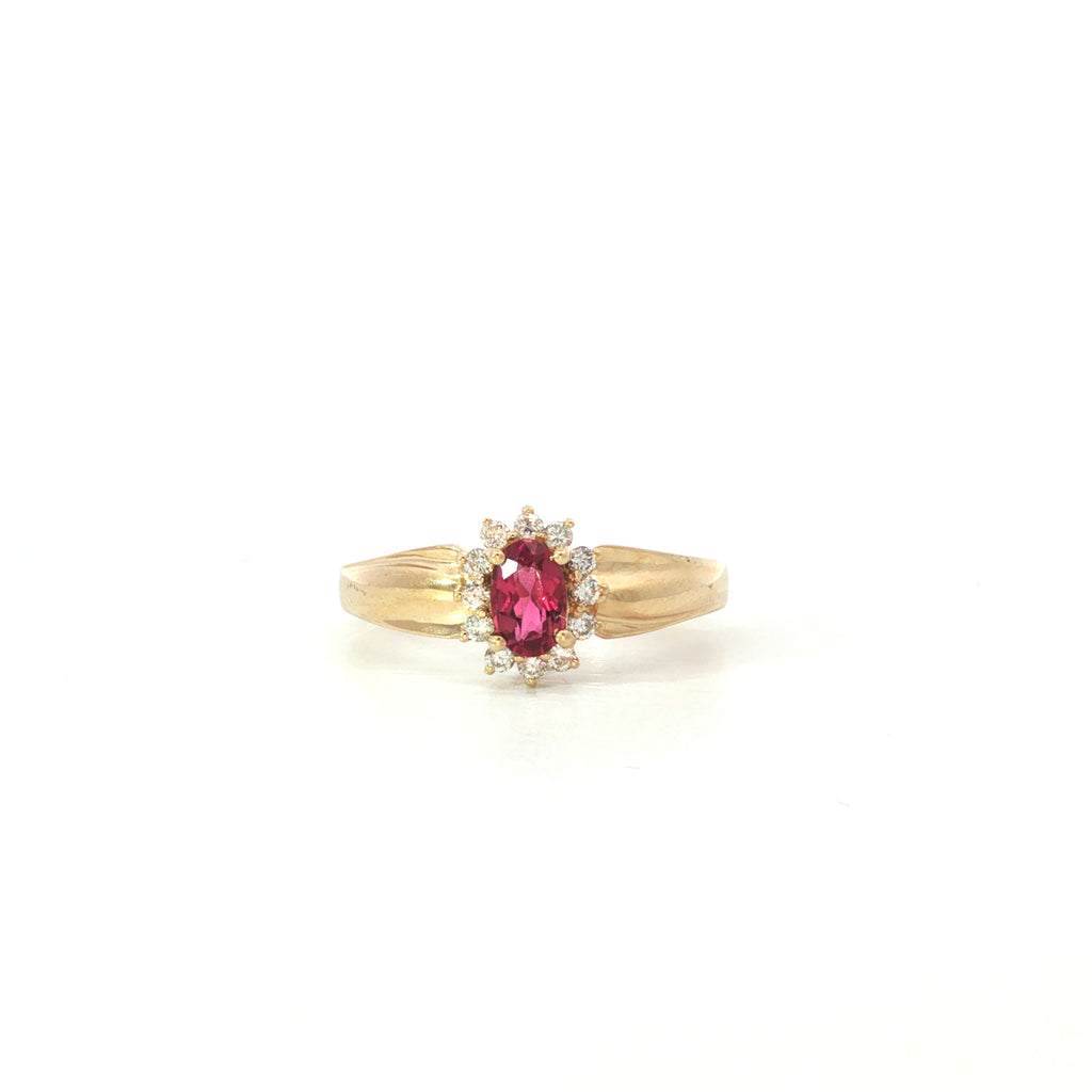 Estate Yellow Gold Ruby Diamond Halo Ring