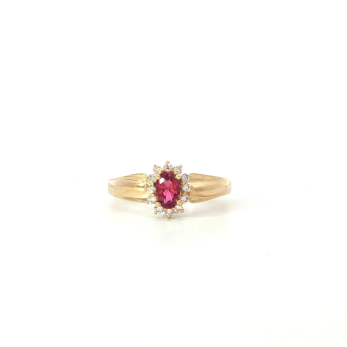 Estate Yellow Gold Ruby Diamond Halo Ring