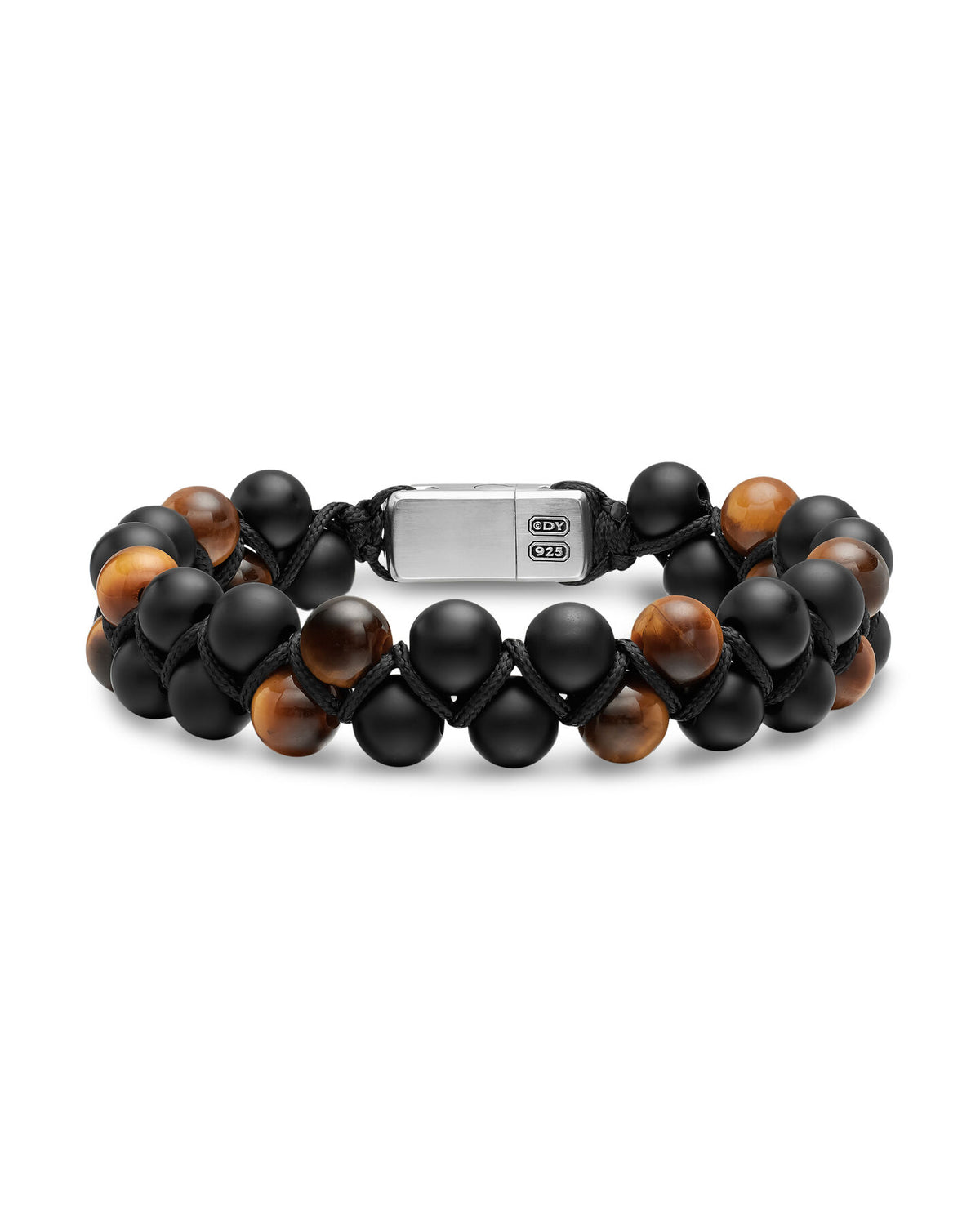 David Yurman Silver and Black Nylon Spiritual Beads Two Row Black Onyx and Tiger's Eye Woven Braclet
