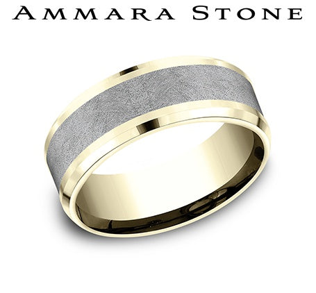 Ammara Stone Yellow Gold and Grey Tantalum Bevel Edge Swirl Center Wedding Band