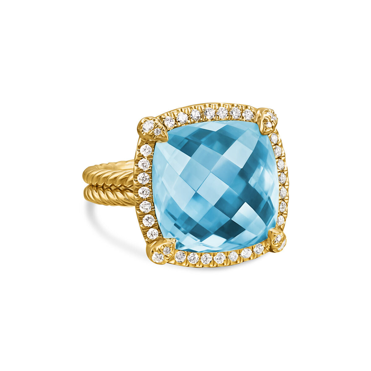 David Yurman Yellow Gold Chatelaine Pave Bezel Blue Topaz Ring