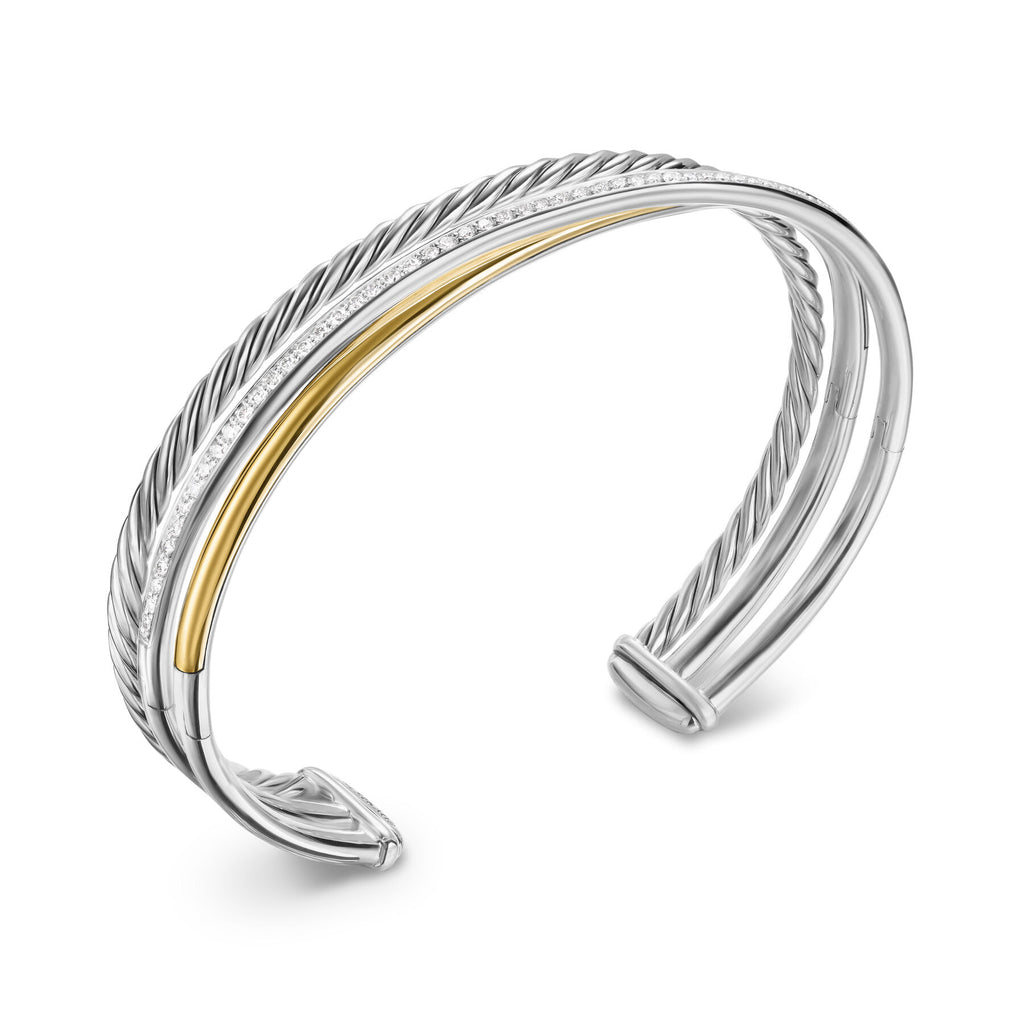 David Yurman Sterling Silver and Yellow Gold Crossover Three-Row Bracelet