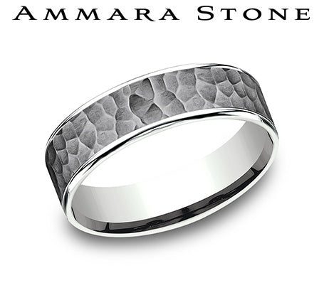 Ammara Stone White Gold and Gray Tantalum Hammered Center Wedding Band