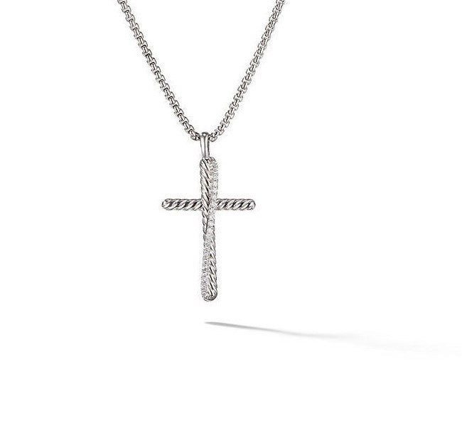 David Yurman Sterling Silver Cross Crossover Necklace with Diamonds