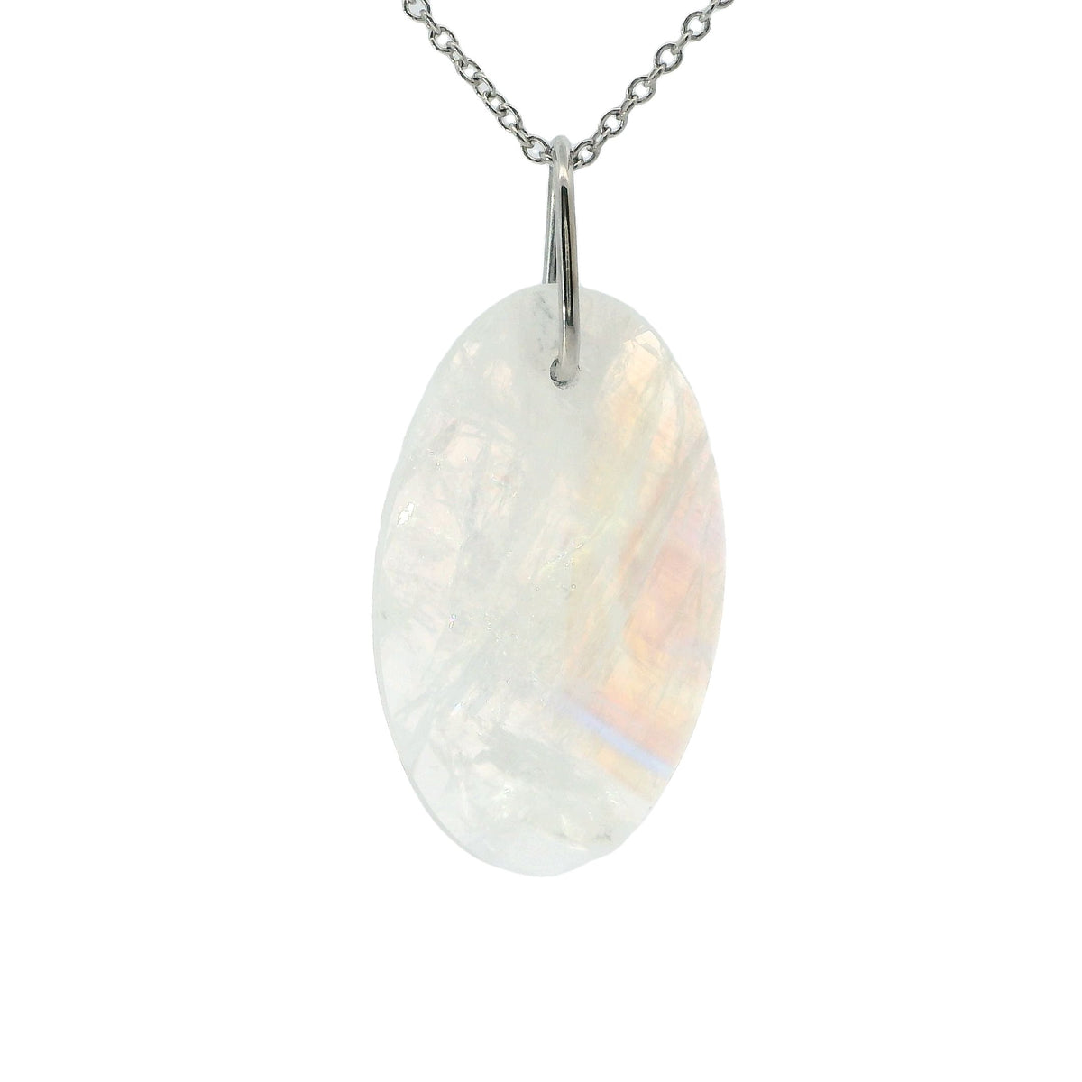 White Gold Oval Moonstone Slice Drop Pendant Necklace