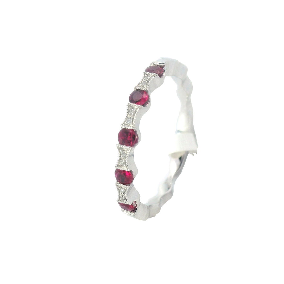 White Gold Hourglass Milgrain Diamond and Ruby Wedding Band