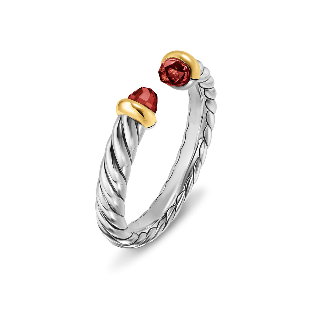 David Yurman Sterling Silver and Yellow Gold Petite Cable Garnet Open Ring