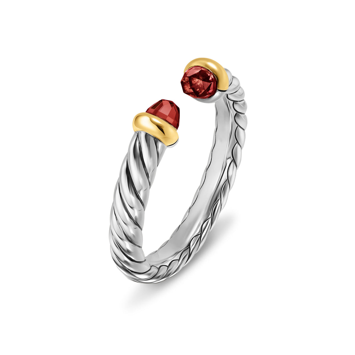 David Yurman Sterling Silver and Yellow Gold Petite Cable Garnet Open Ring