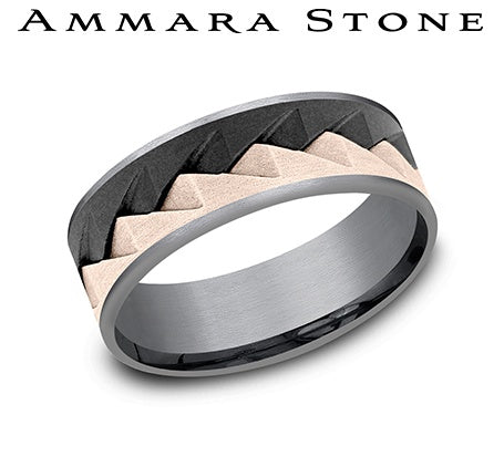 Ammara Stone Rose Gold Gray Tantalum Black Titanium Comfort Fit Layered Center Thin Edge Wedding Band