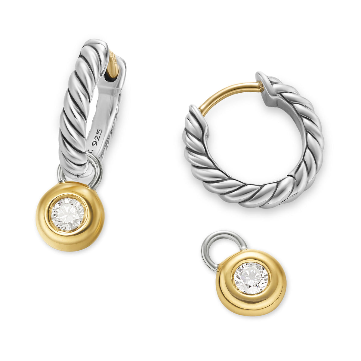 David Yurman Sterling Silver and Yellow Gold Petite Cable Huggie Drop Earrings with Diamonds