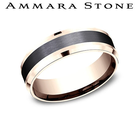 Ammara Stone Rose Gold and Black Titanium Bevel Edge Satin Finish Wedding Band