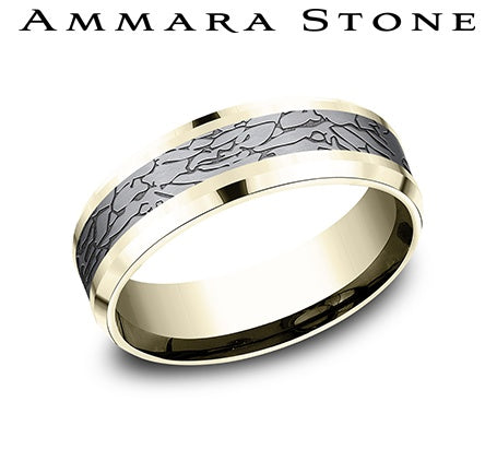 Ammara Stone Yellow Gold and Gray Tantalum Bevel Edge Fractured Rock Wedding Band