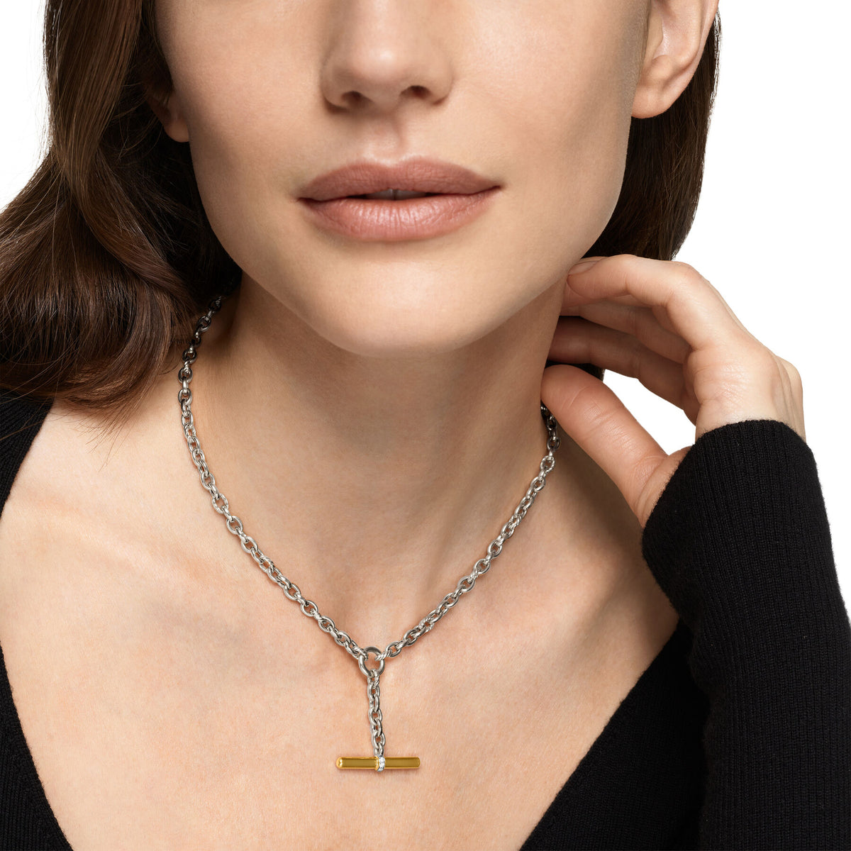 David Yurman Sterling Silver and Yellow Gold Mercer Petite Toggle Necklace with Diamonds
