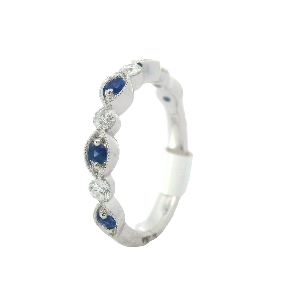 White Gold Cat Eye and Dot Milgrain Sapphire and Diamond Wedding Band