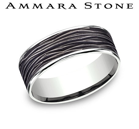 Ammara Stone White Gold and Black Titanium Horizontal Bark Center Wedding Band