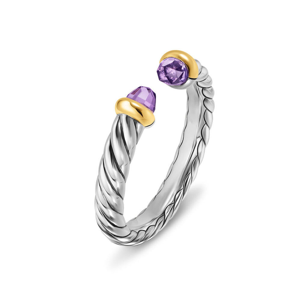 David Yurman Sterling Silver and Yellow Gold Petite Cable Amethyst Open Ring