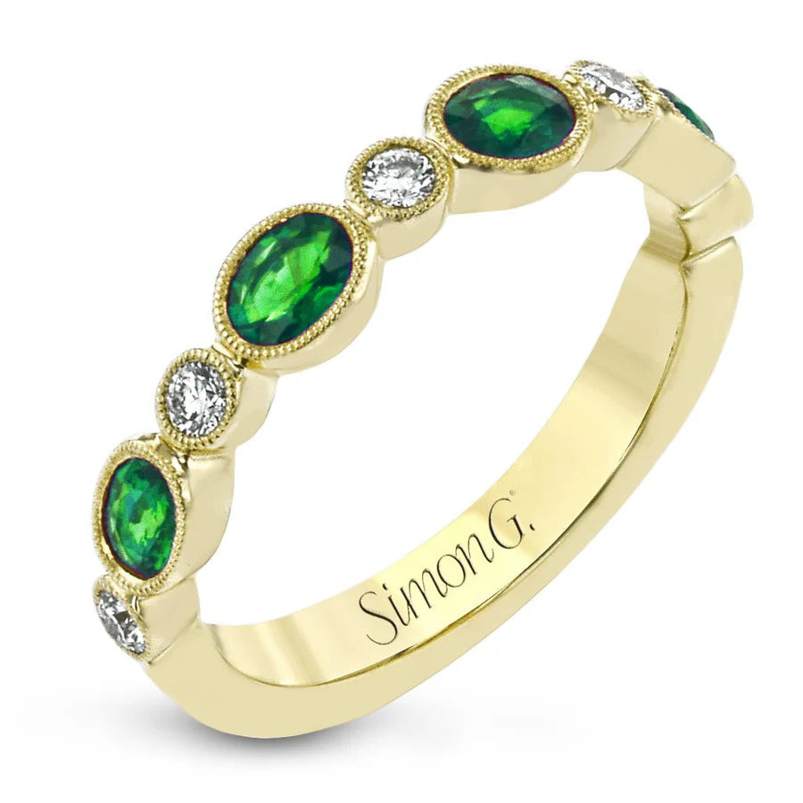 Simon G Yellow Gold Emerald and Diamond Milgrain Bezel Ring