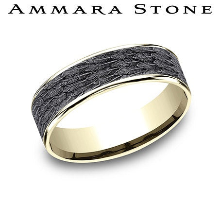 Ammara Stone Yellow Gold and Grey Tantalum Comfort Fit Winged Grey Center Thin Polished Edge Wedding Band