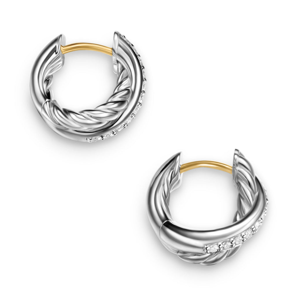 David Yurman Sterling Silver Bold Crossover Huggie Hoop Diamond Earrings
