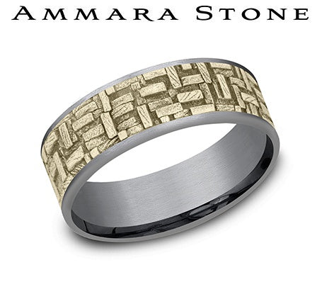 Ammara Stone Yellow Gold and Gray Tantalum Tetris Center Wedding Band